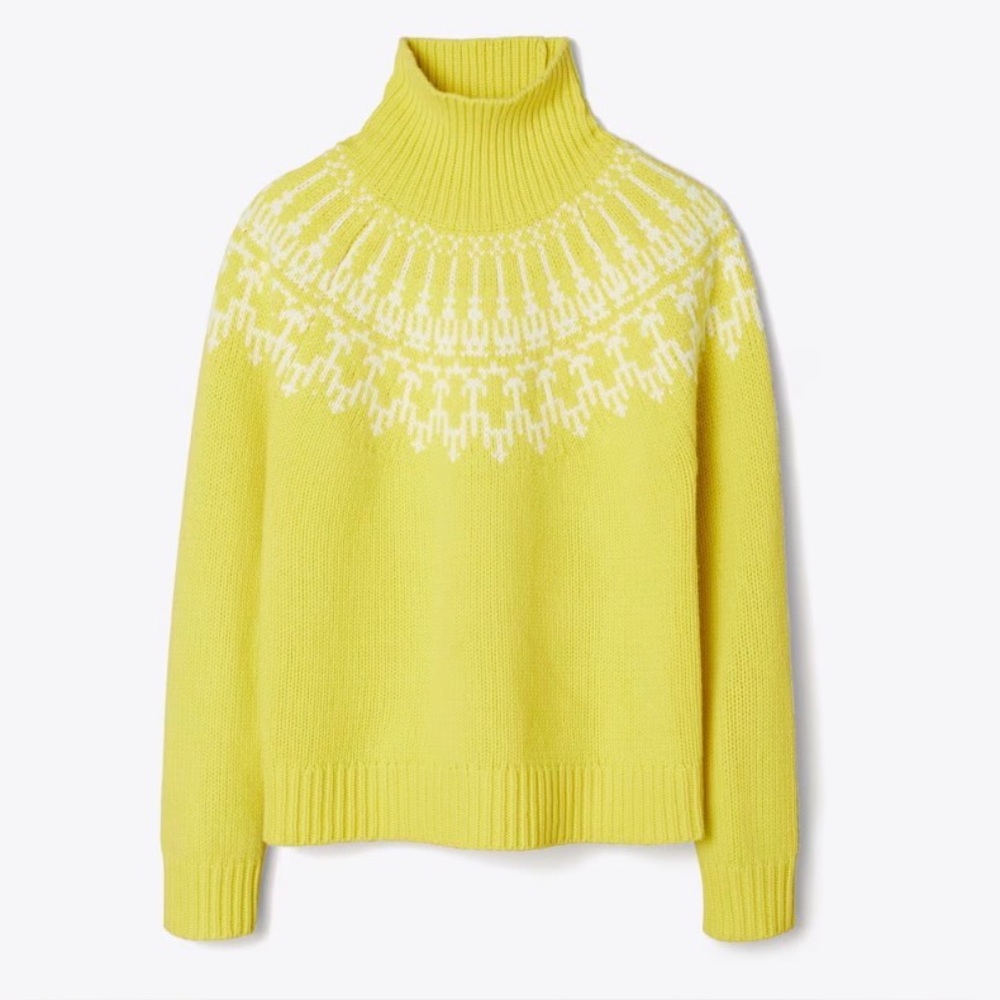 Tory Burch Yellow Citrea Mountain Fair Isle Merino Wool Turtleneck Sweater M